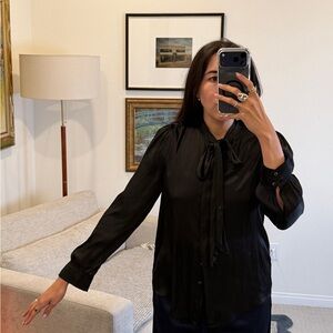 Chan Luu Satin Black Tie-Neck Blouse